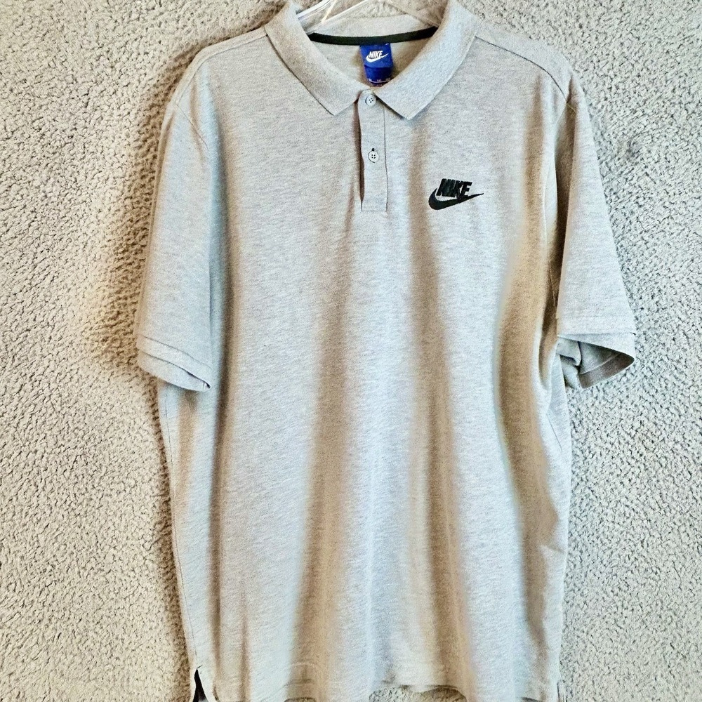 Nike Polo Shirt Mens 2XL Short Sleeve Sportswear Grey Embroidered Black Swoosh